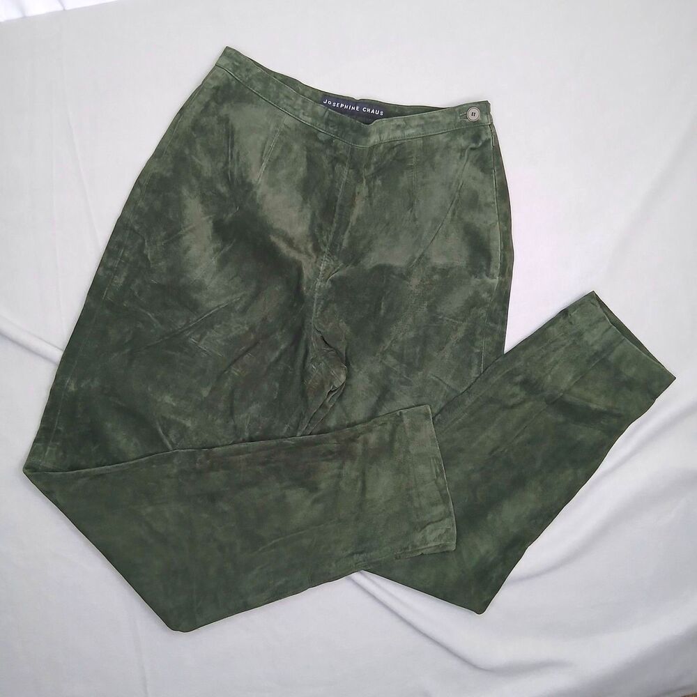 Josephine Chaus Suede Leather Pants Lined High Rise Flat Front Green Womens 6